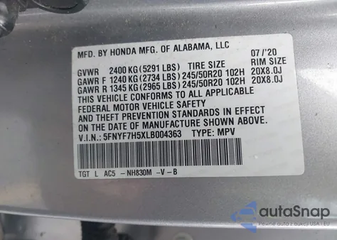 2020 Honda Passport 2Wd Ex-L z USA, uszkodzony, nr VIN 5FNYF7H5XLB004363